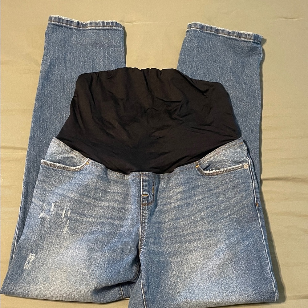 Maternity Straight-Leg Jeans in Blue Denim with Black Support Panel